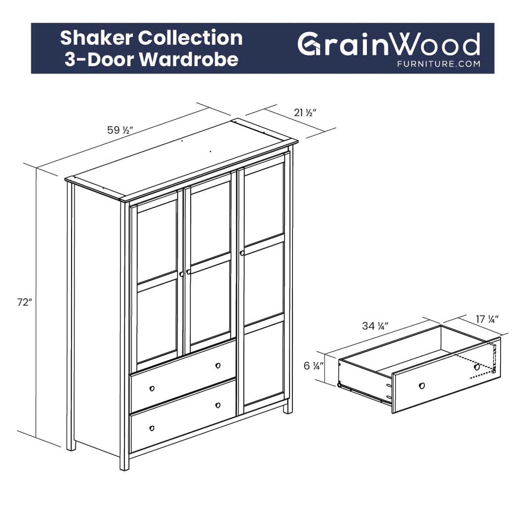 Grain Wood Furniture Shaker 3-Door Wardrobe, Solid Wood with Expresso Finish