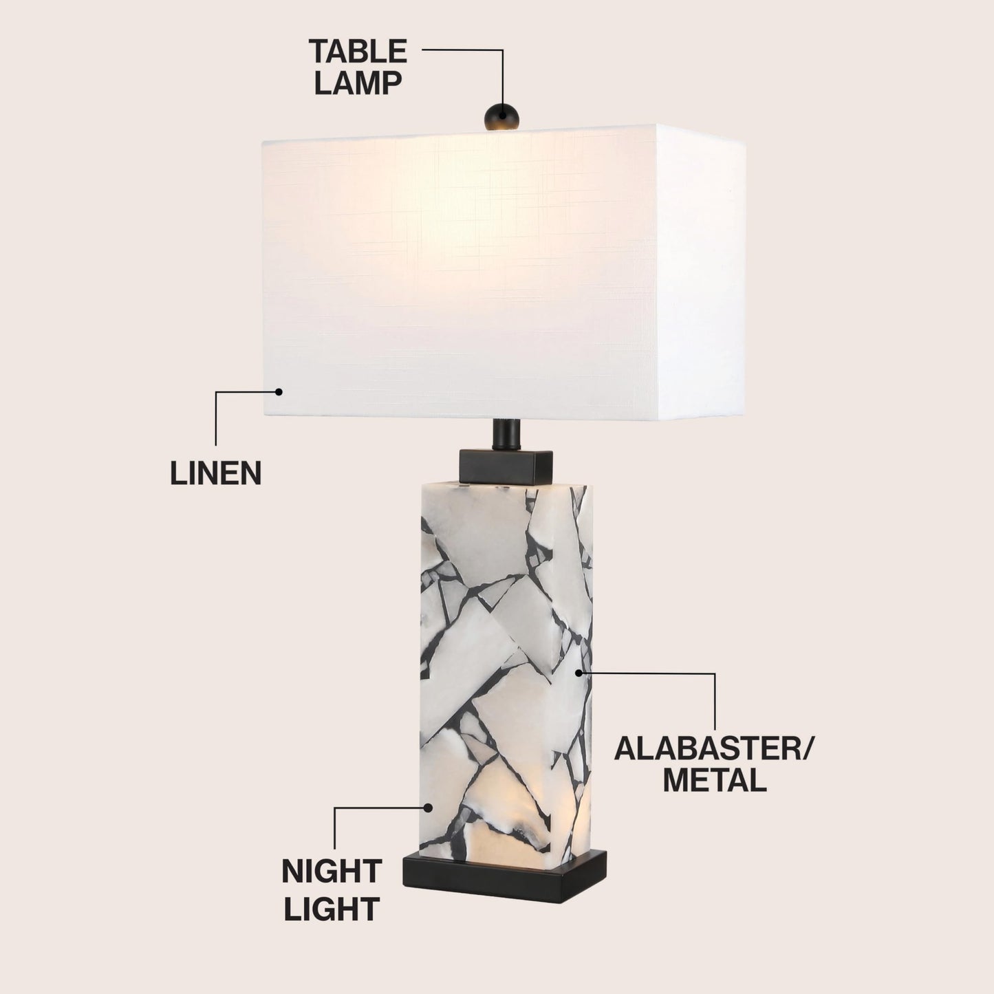 JONATHAN Y 24.25" Black/White Modern Alabaster LED Table Lamp for Home Decor, White Linen Shade, Coastal Nightstand Lamp with Built-in Base Accent Light (JYL8507A)