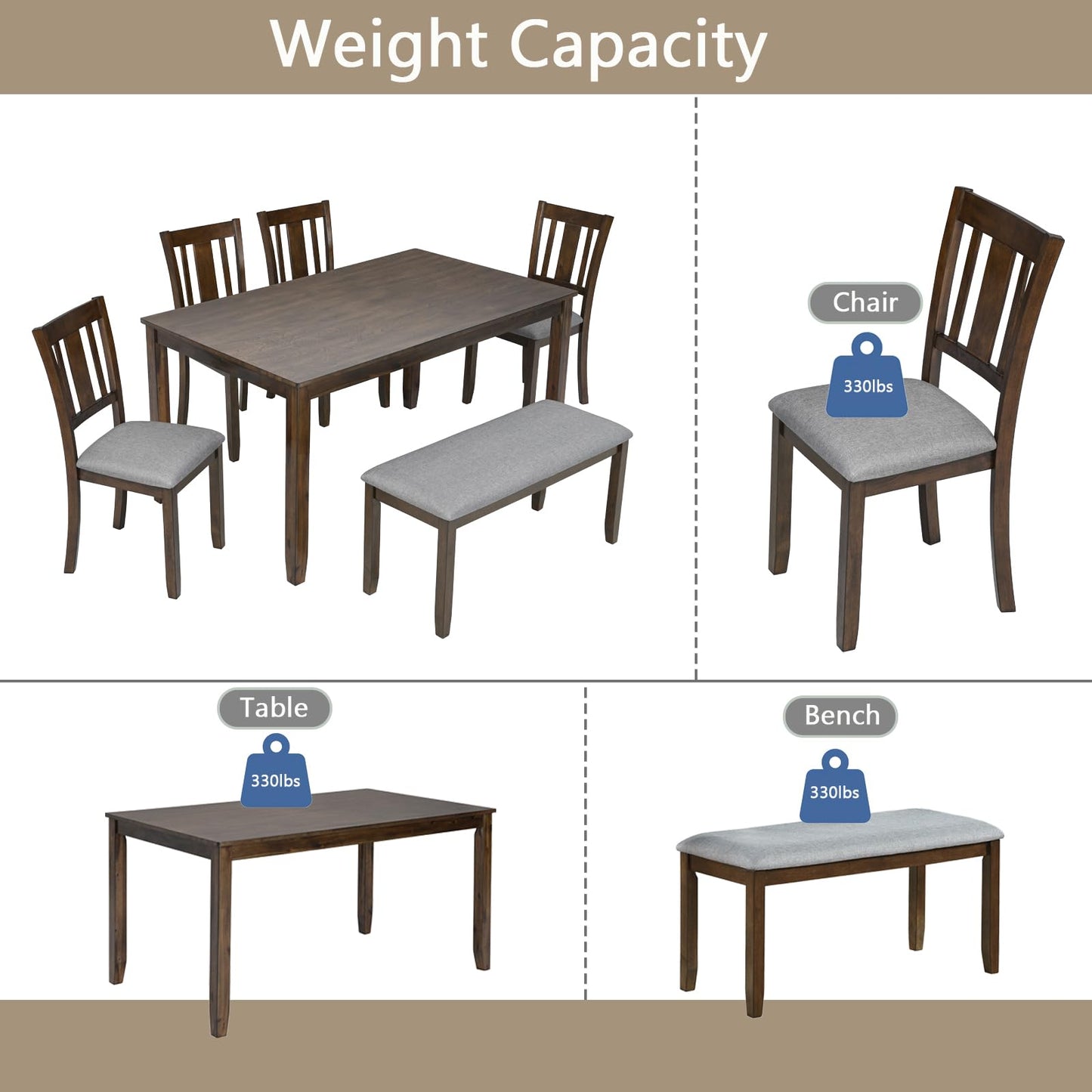 LKTART 6 Piece Kitchen Dining Set, 58.5" Rectangular Wooden Dinner Table with 4 Upholstered Chairs and a Bench for Living Room, Home Bar and Kitchen, Walnut