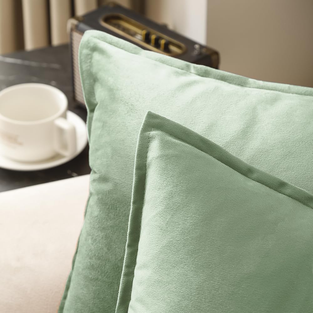 VAKADO Throw Pillow Covers 18x18 Set of 2 Olive Green Velvet Decor Decorative Couch Cushion Euro Xmas Pillowcases with Fringe Home Bed Decoration for Sofa Bedroom Office