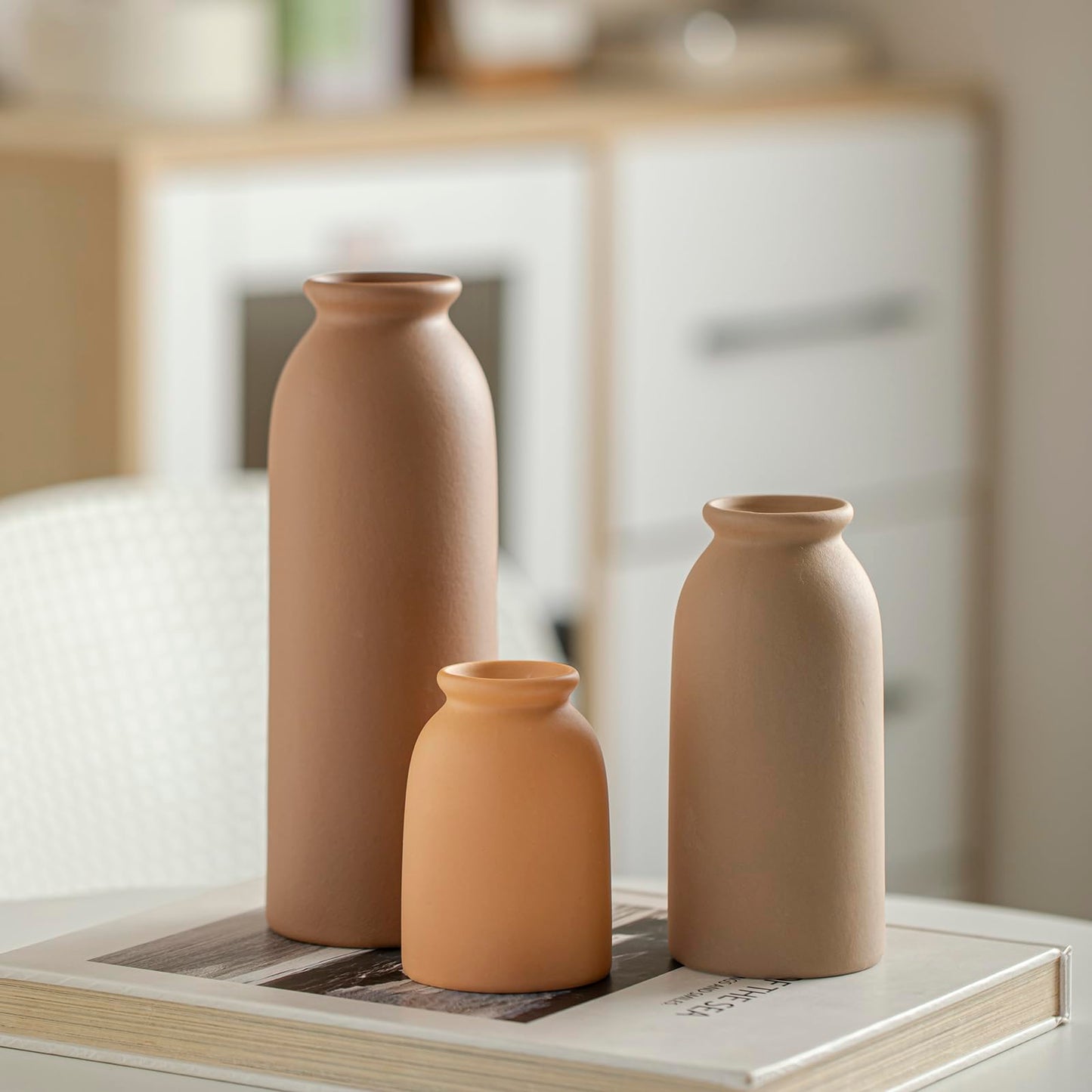 Ceramic Vase Set-3, Small Flower Vases for Decor, Modern Boho Farmhouse Style, Decorative Vases for Pampas Grass & Dried Flowers, Distressed Finish (Beige)