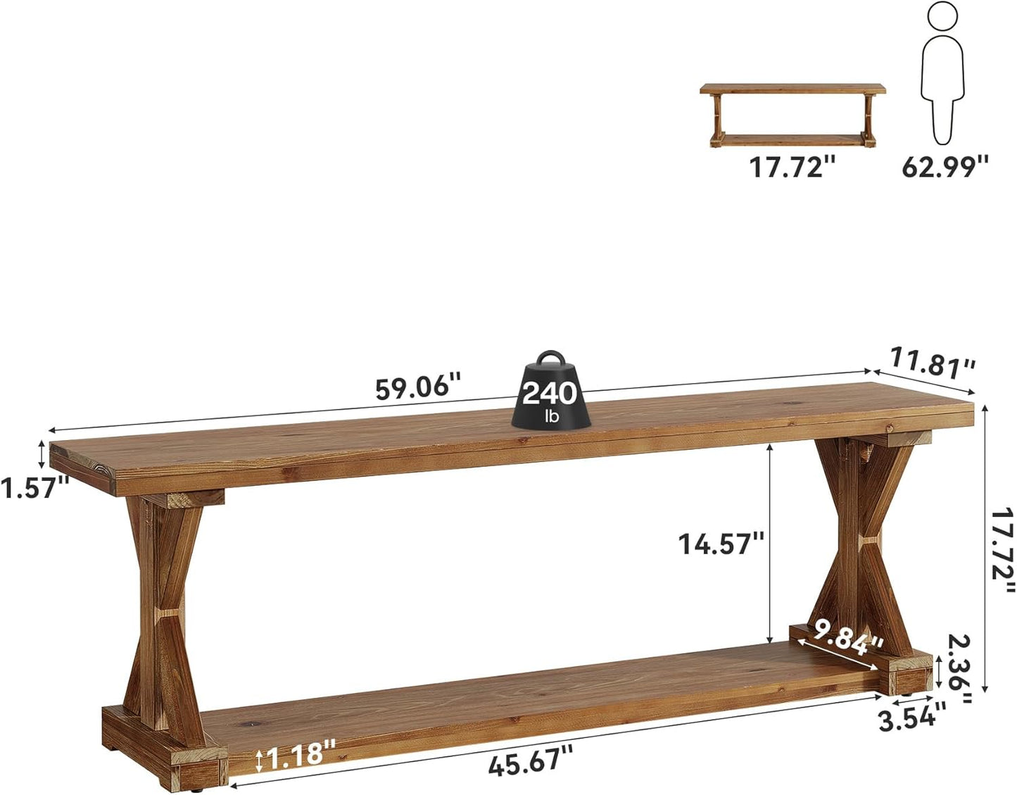 59-Inch Solid Wood Entryway Bench, 2-Tier Narrow Farmhouse Foyer Shoe Bench with Open Shelf for Hallway, Mudroom, Bedroom, Natural Brown