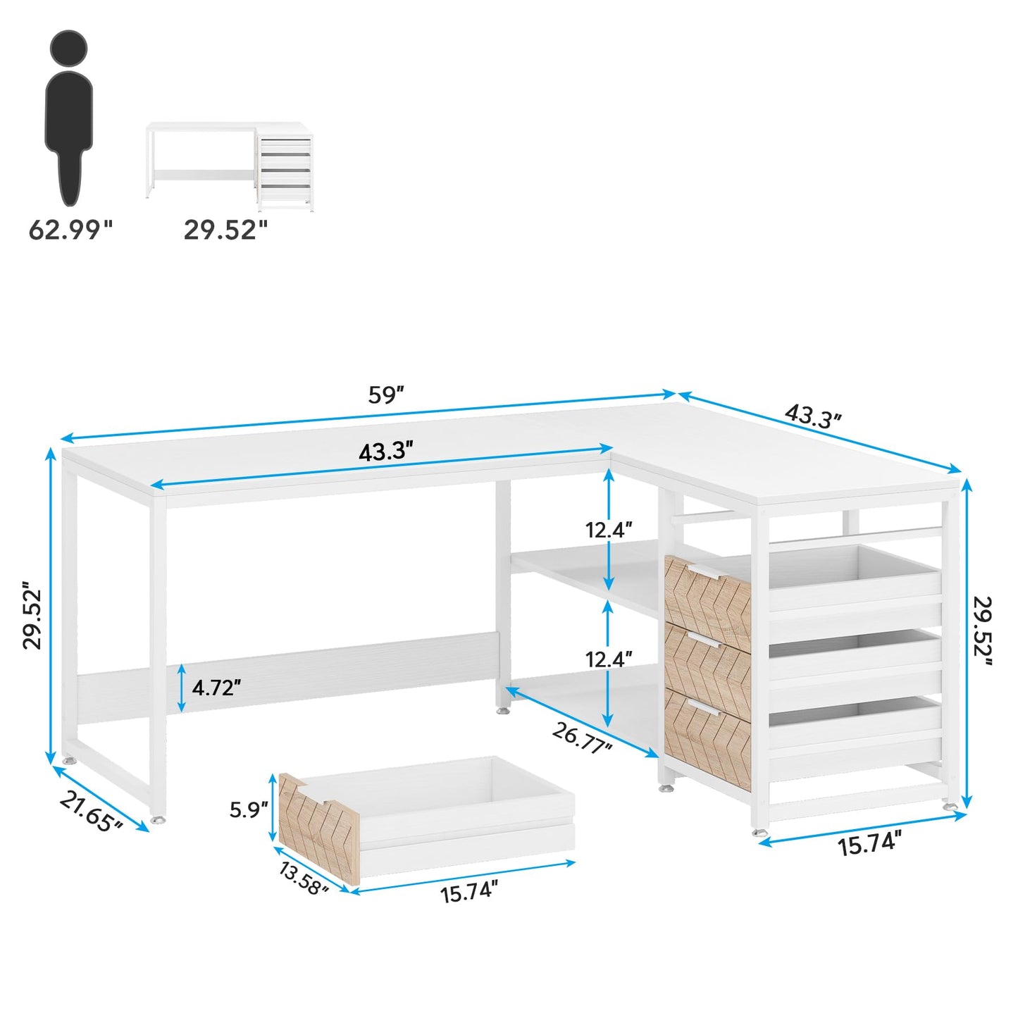 Tribesigns L Shaped Computer Desk with Storage Drawers, 59 inch Corner Desk with Shelves, Reversible L-Shaped Office Desk Study Writing Table Workstation for Home Office, Walnut & White