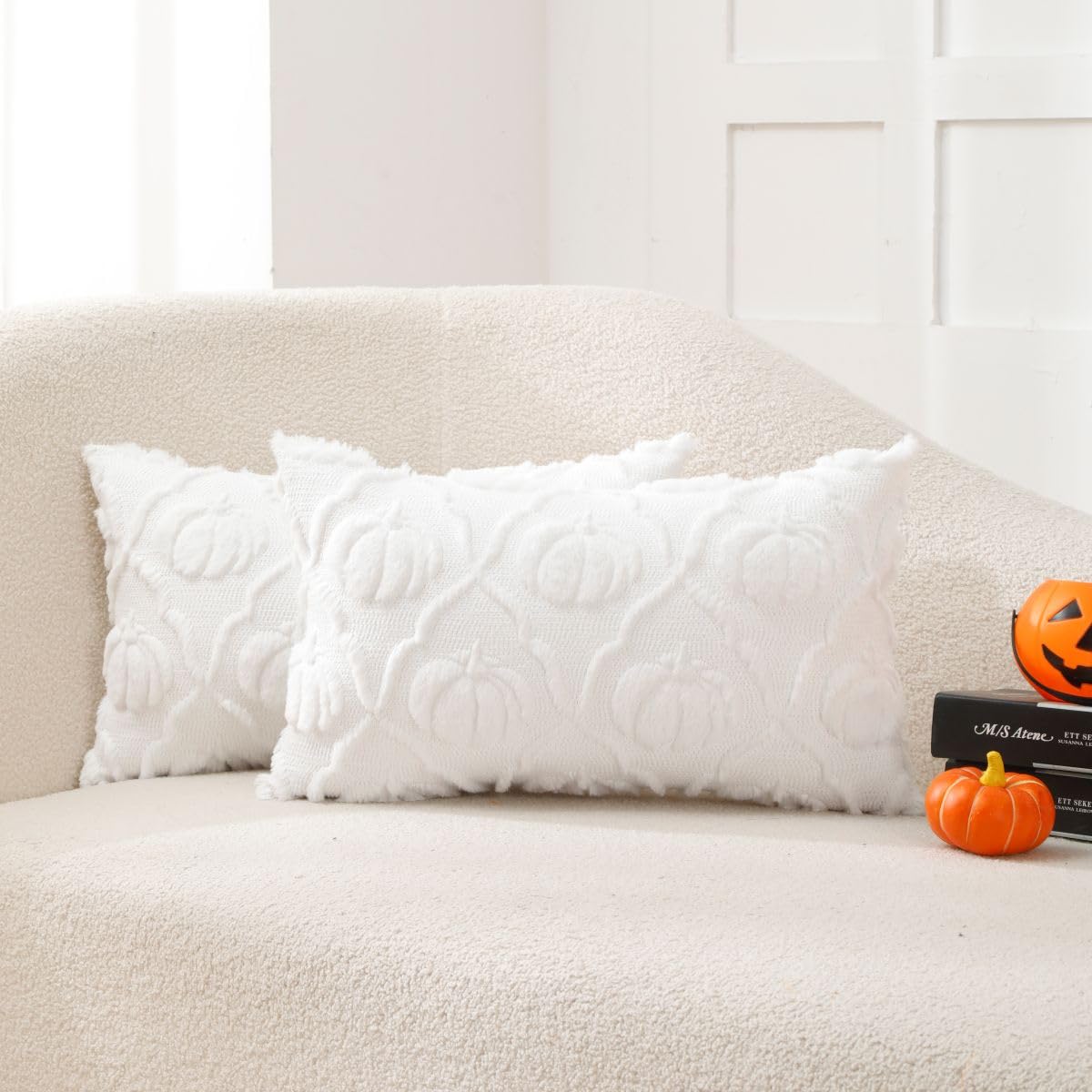 VAKADO Halloween Fall Throw Pillow Covers 18x18 Set of 2 Pumpkin Autumn Couch Thanksgiving Home Decorations Kitchen Decor Plush Embroidered Velvet Cushion for Farmhouse Bed Sofa Living Room,Cream