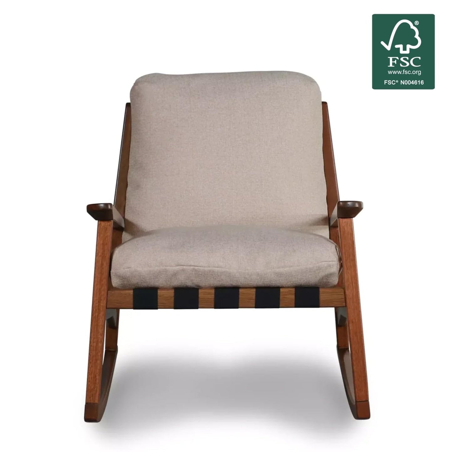 Grain Wood Furniture Solid Wood Mid Century Rocking Chair with Off-White Performance Boucle Cushions