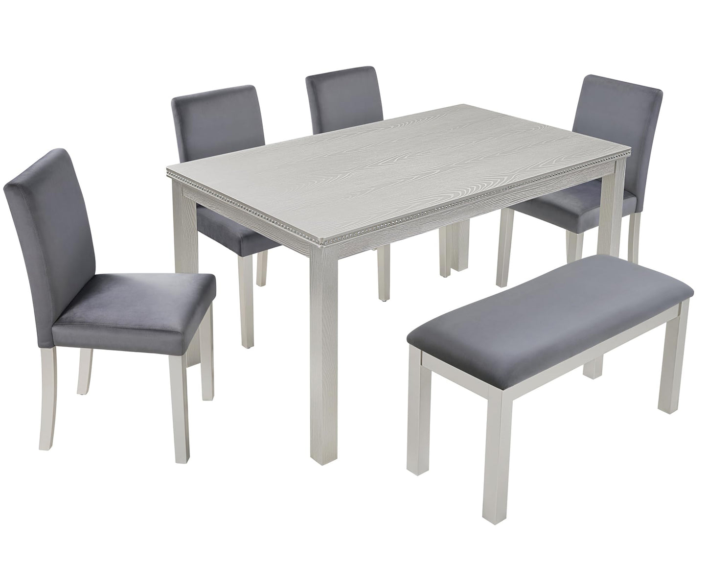 LKTART 6 Piece Kitchen Dining Set, 58.5" Rectangular Wooden Dinner Table with 4 Upholstered Chairs and a Bench for Living Room, Home Bar and Kitchen, Walnut