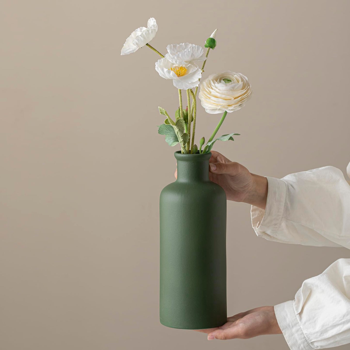 White Ribbed Ceramic Vase for Flowers, Modern Textured Decorative Vase, 10 Inch Tall, Farmhouse Style Home Decor (Matte Glaze White)