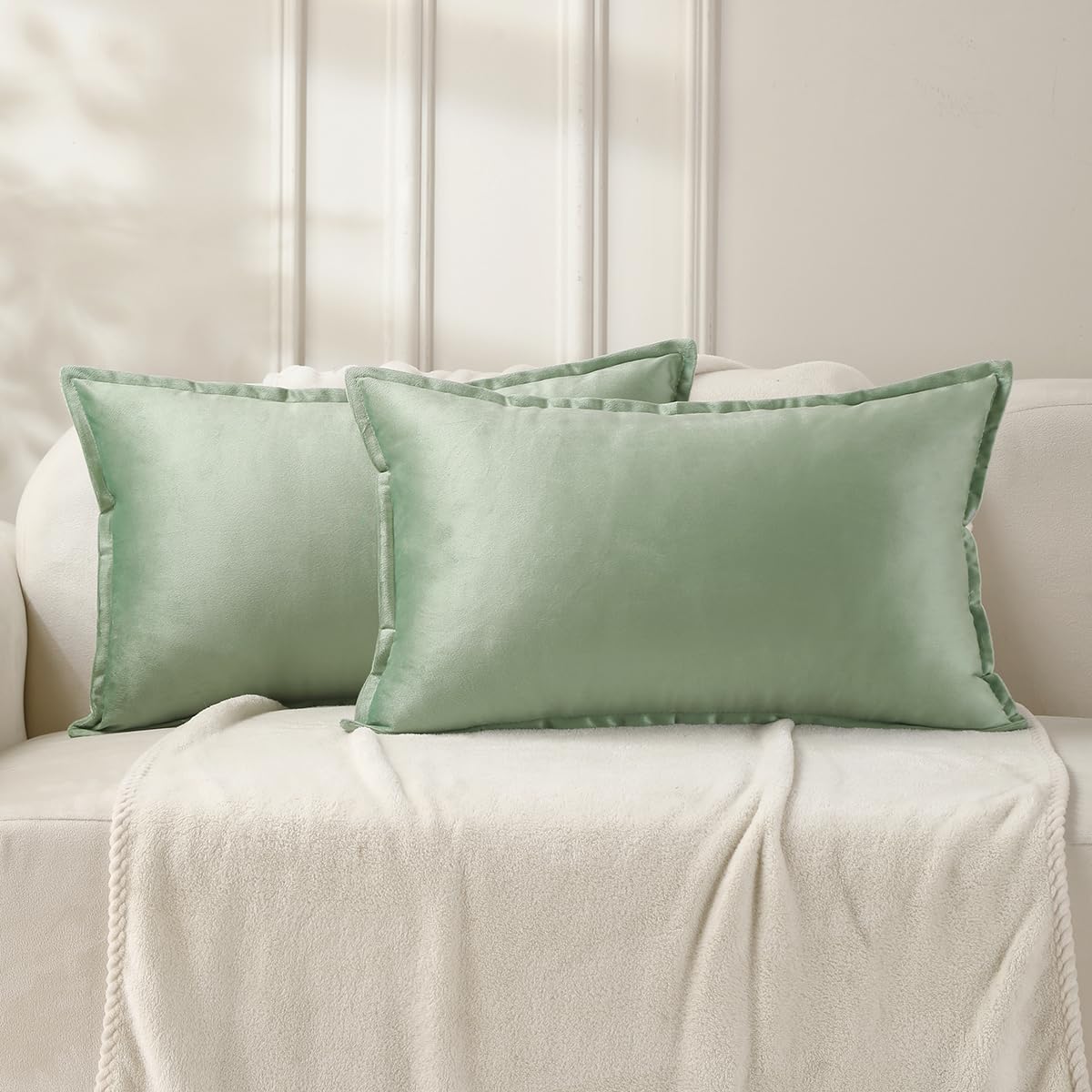 VAKADO Throw Pillow Covers 18x18 Set of 2 Olive Green Velvet Decor Decorative Couch Cushion Euro Xmas Pillowcases with Fringe Home Bed Decoration for Sofa Bedroom Office