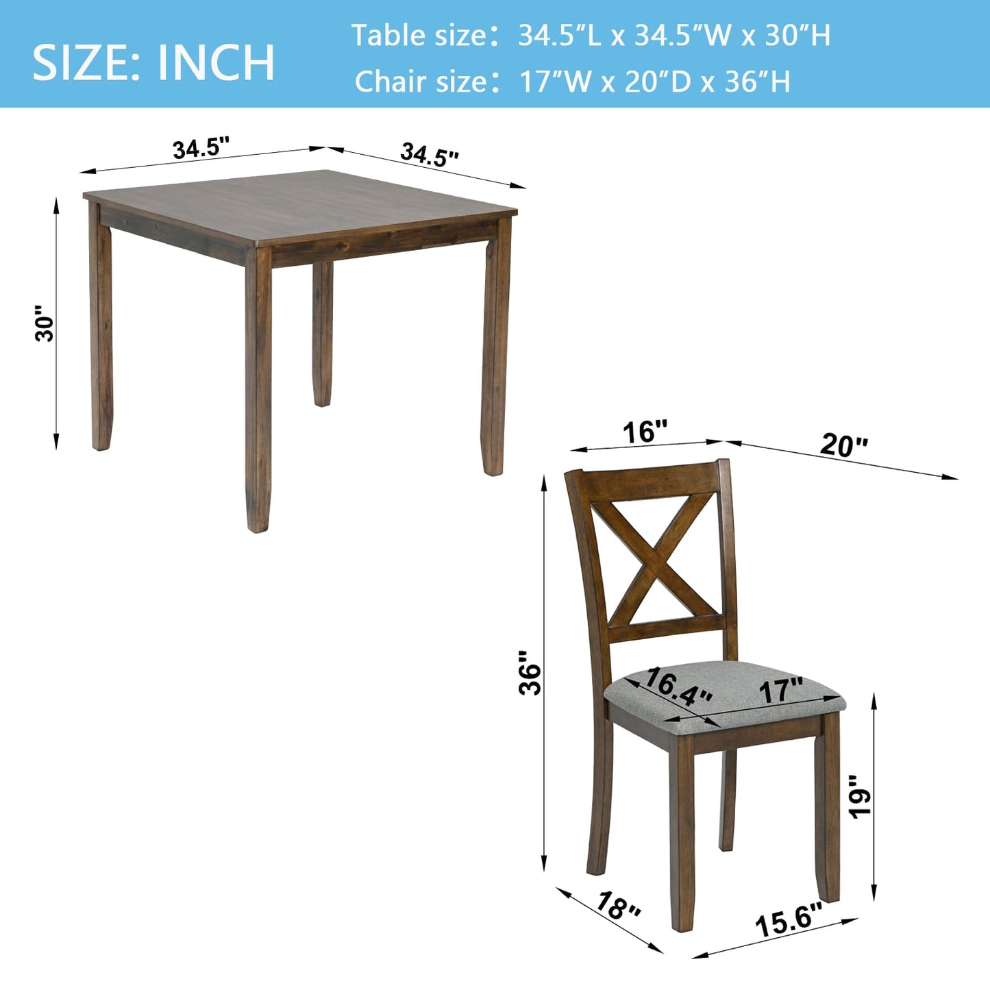LKTART 5-Piece Kitchen & Dining Room Table and Chairs Sets,Small Square Kitchen Table with 4 Upholstered XX-Shaped Backrest Chairs,Walnut