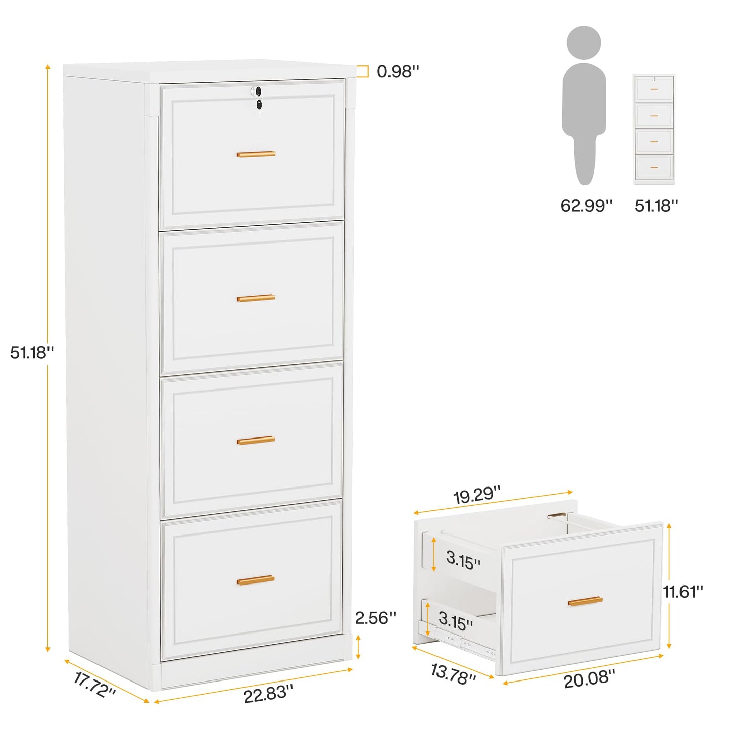 Tribesigns 4-Drawer File Cabinet with Lock, Locked File Cabinet with Key, Tall Wooden Filing Cabinets for Home Office, Vertical Office Storage for Legal Size/Letter/A4/Files, Brown