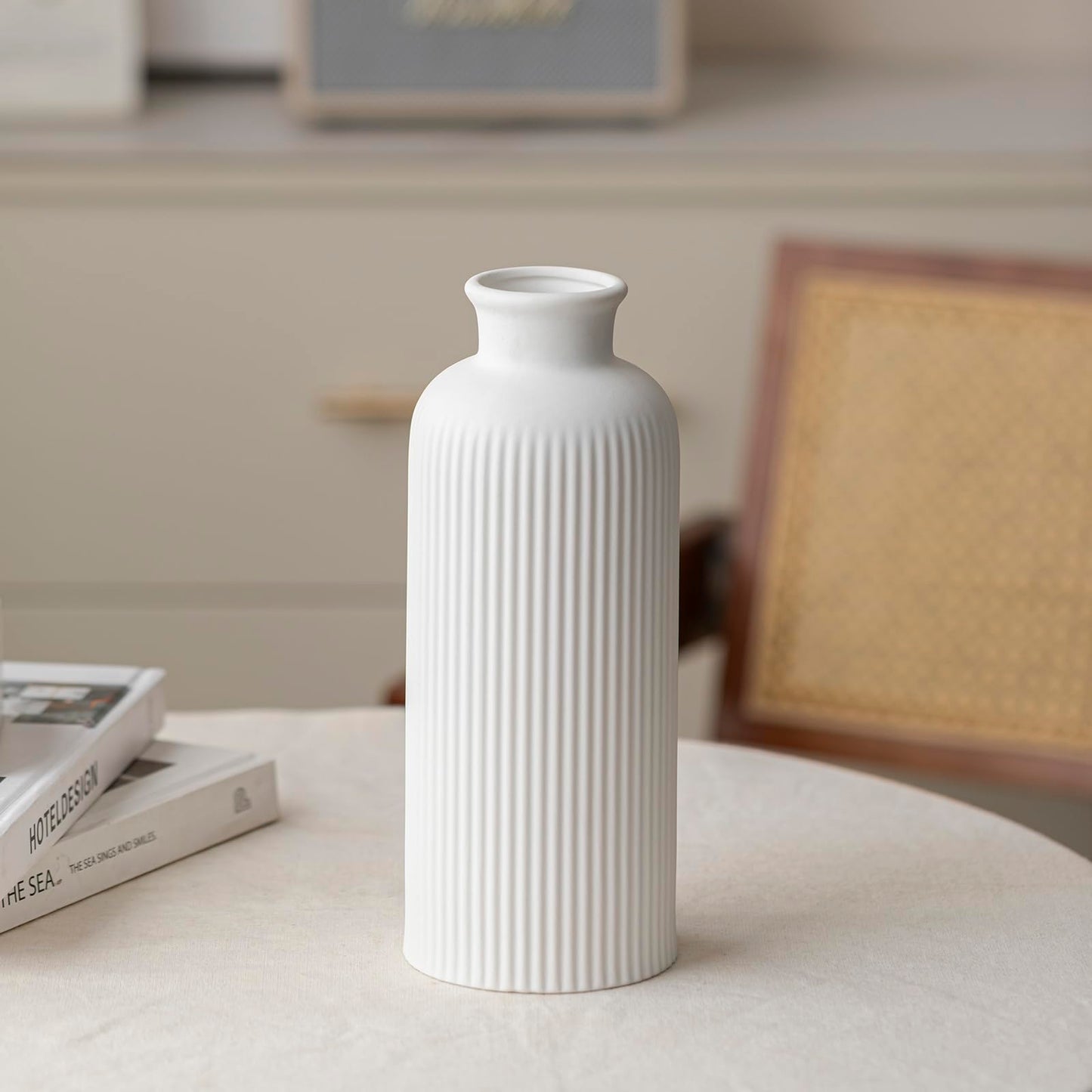 White Ribbed Ceramic Vase for Flowers, Modern Textured Decorative Vase, 10 Inch Tall, Farmhouse Style Home Decor (Matte Glaze White)