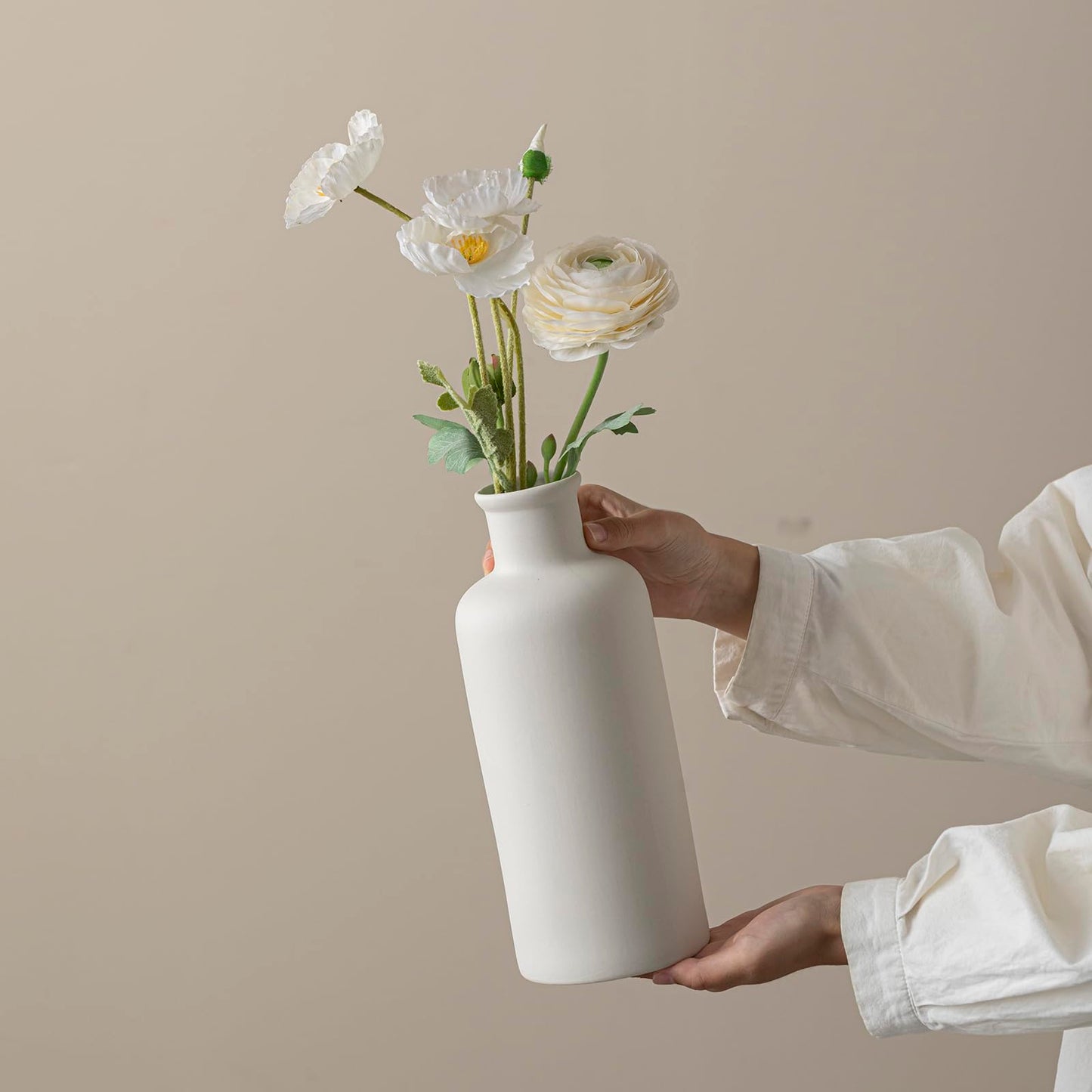 White Ribbed Ceramic Vase for Flowers, Modern Textured Decorative Vase, 10 Inch Tall, Farmhouse Style Home Decor (Matte Glaze White)