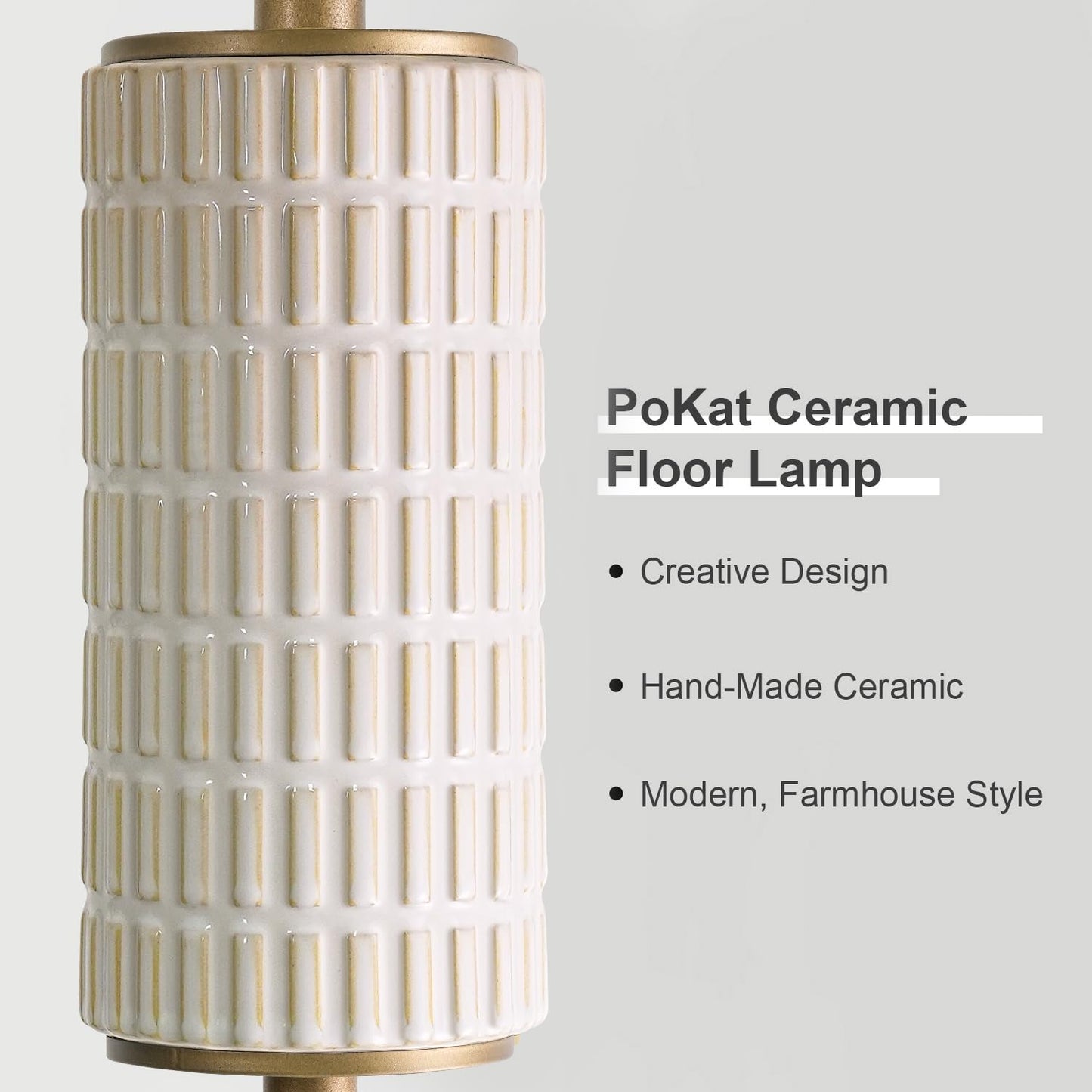 PoKat Farmhouse Floor Lamp for Living Room with Ceramic, 64" Black Standing Lamps for Living Room Corner, Modern Tall Floor Lamps for Bedroom, Sofa, Reading Nock, Rotary Switch, Matte Black