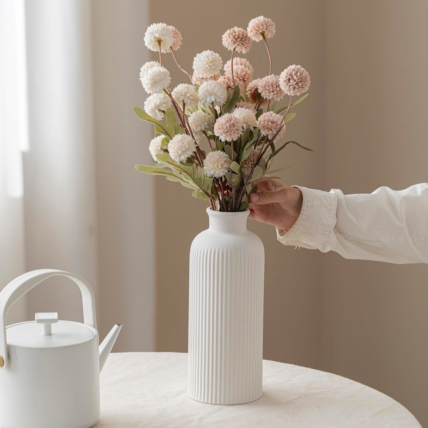 White Ribbed Ceramic Vase for Flowers, Modern Textured Decorative Vase, 10 Inch Tall, Farmhouse Style Home Decor (Matte Glaze White)
