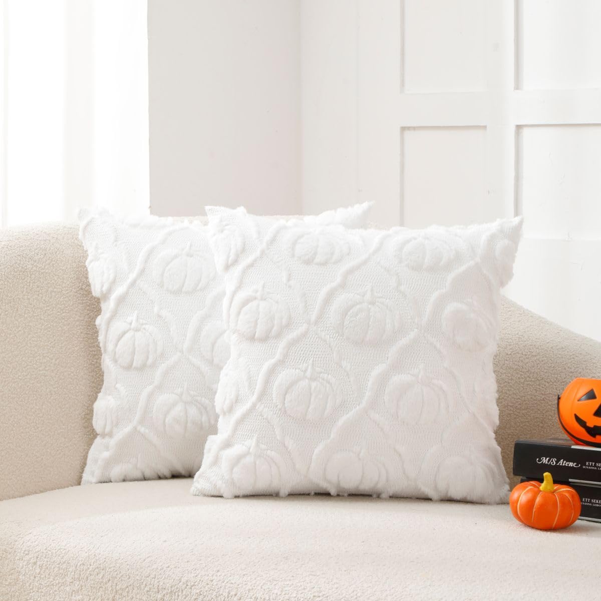 VAKADO Halloween Fall Throw Pillow Covers 18x18 Set of 2 Pumpkin Autumn Couch Thanksgiving Home Decorations Kitchen Decor Plush Embroidered Velvet Cushion for Farmhouse Bed Sofa Living Room,Cream