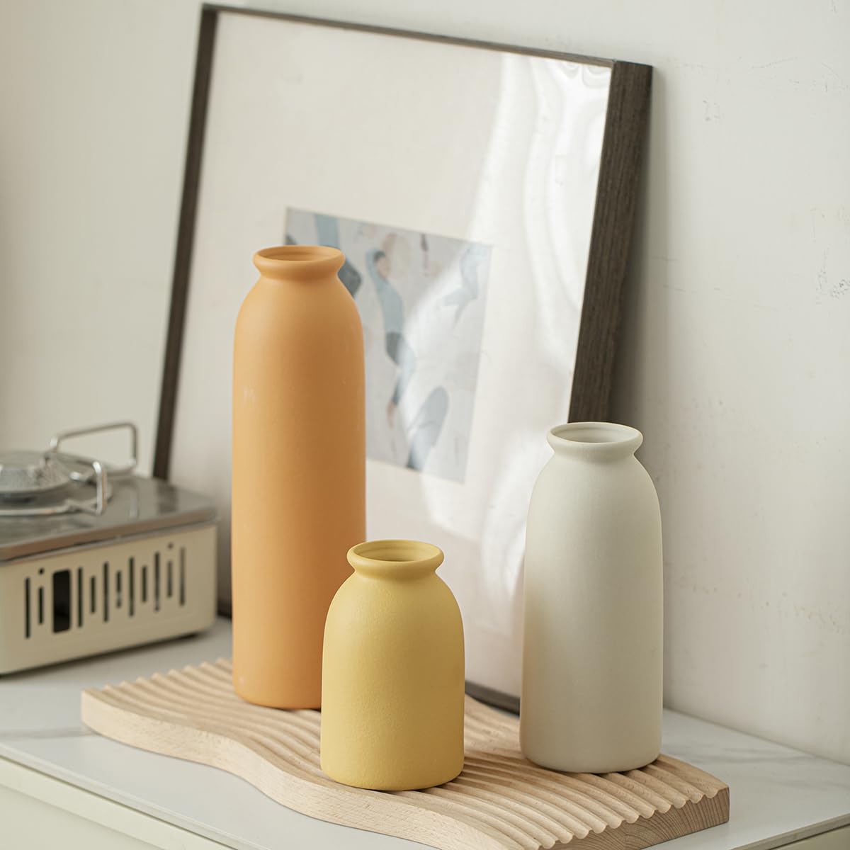 10.4 inches Tall Decorative Ceramic Vase Set, 3 Pieces, Nordic Modern Boho Style, White, Modern Farmhouse for Home Decor (Coffee Mix)