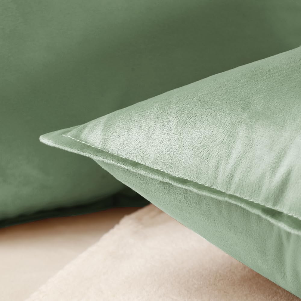 VAKADO Throw Pillow Covers 18x18 Set of 2 Olive Green Velvet Decor Decorative Couch Cushion Euro Xmas Pillowcases with Fringe Home Bed Decoration for Sofa Bedroom Office