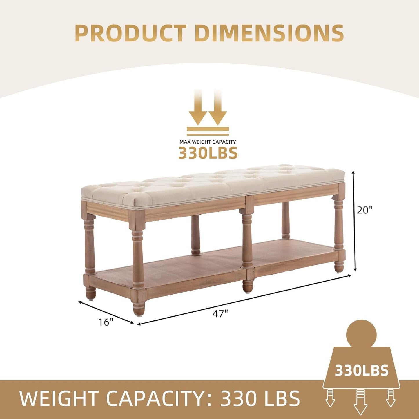 IOMOR Tufted Long Entryway Bench with Storage Shelf, 45” French Mid Century Modern Upholstered Dining Benches, Fabric End of Bed Bench for Bedroom, Dining Room, Living Room