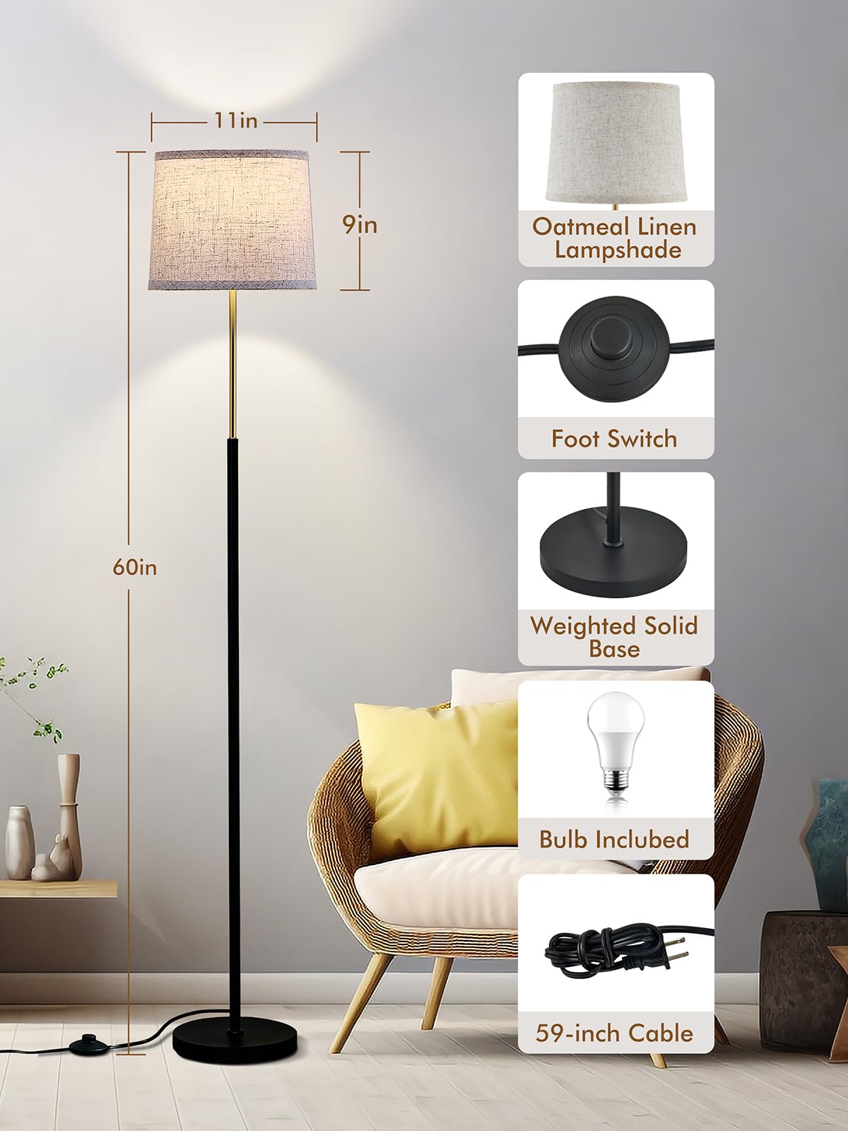 60" Modern Floor Lamp for Living Room Bedroom, Standing Lamp with Oatmeal Linen Lampshade, Tall Lamp with A19 9W 3 Color Temperature Bulb, Foot Switch Control, Black
