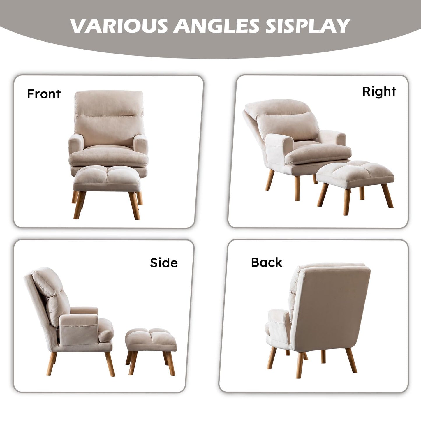 IOMOR Accent Chair with Ottoman Comfy Reading Chair Armchair with Adjustable Backrest and Side Pockets Soft Fabric Leisure Sofa for Bedroom, Living Room, Dorm Rooms, Garden, Beige