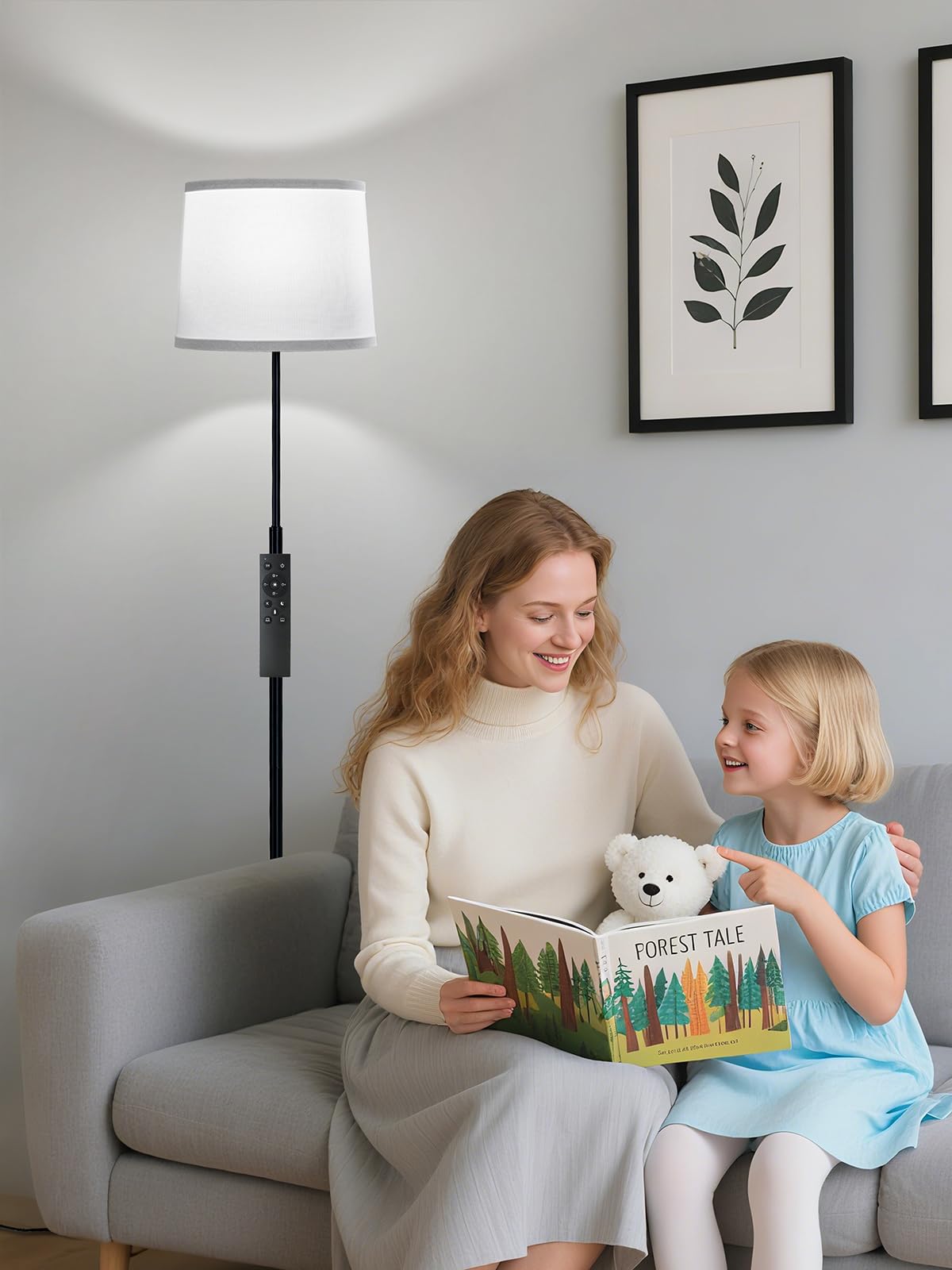 60" Modern Floor Lamp for Living Room Bedroom, Standing Lamp with Oatmeal Linen Lampshade, Tall Lamp with A19 9W 3 Color Temperature Bulb, Foot Switch Control, Black