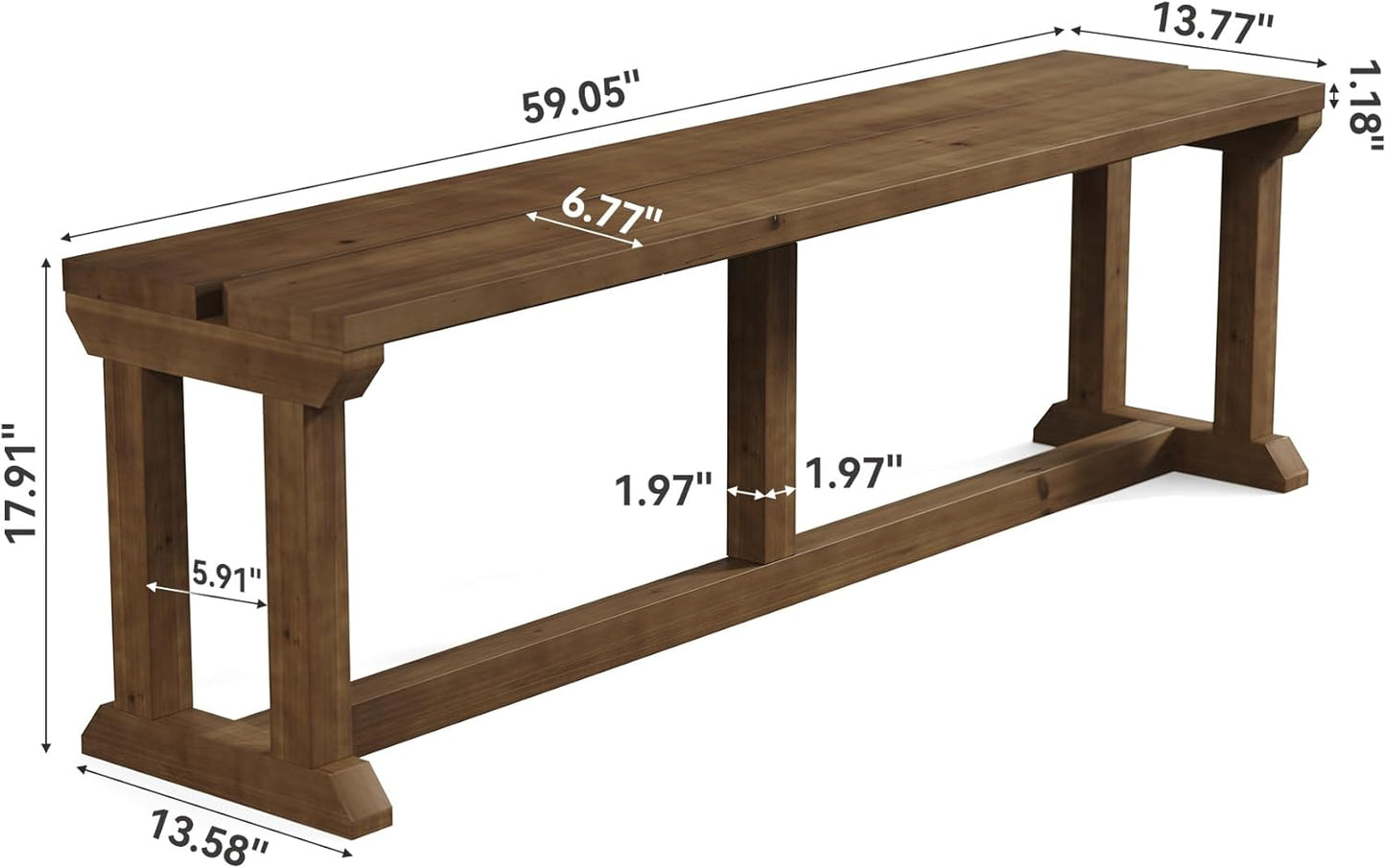 Solid Wood Shoe Bench, 59" Farmhouse Entryway Bench, Narrow Rustic Bed Seat for Bedroom, Entryway, Hallway, Living Room, Rustic Brown