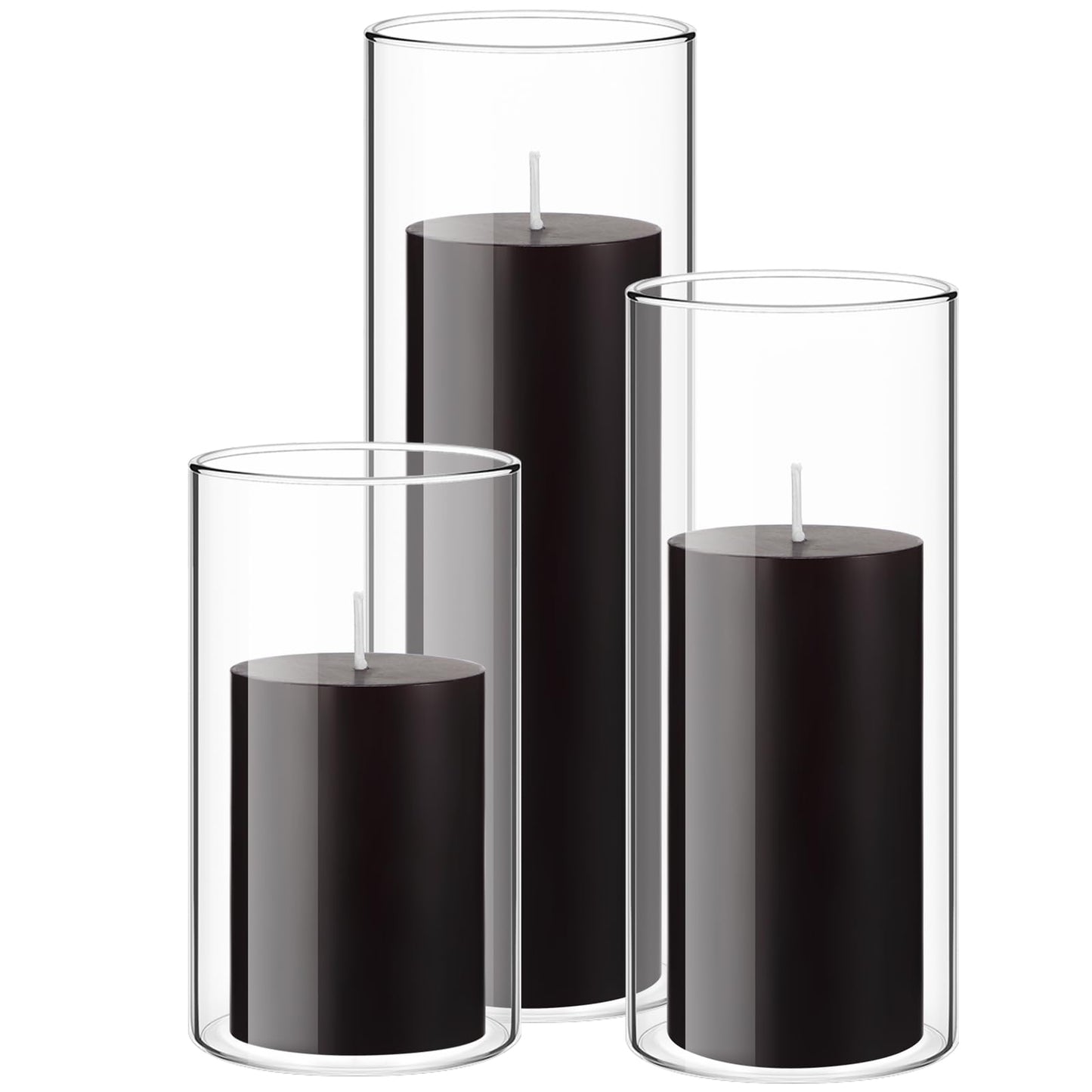 Shihanee Set of 3 Pillar Candles and 3 Glass Cylinder Candle Vases Holders Clear Pillar Jars for Wedding Centerpieces(3'' x 5.9'', 7.9'', 9.8'',Ivory White)