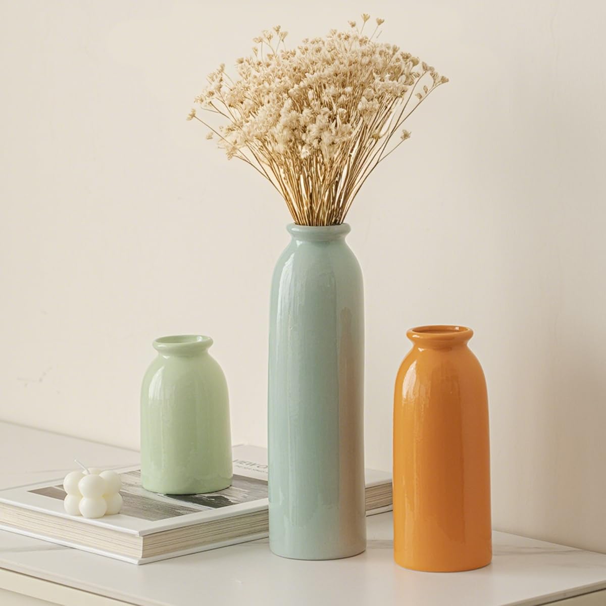 10.4 inches Tall Decorative Ceramic Vase Set, 3 Pieces, Nordic Modern Boho Style, White, Modern Farmhouse for Home Decor (Coffee Mix)