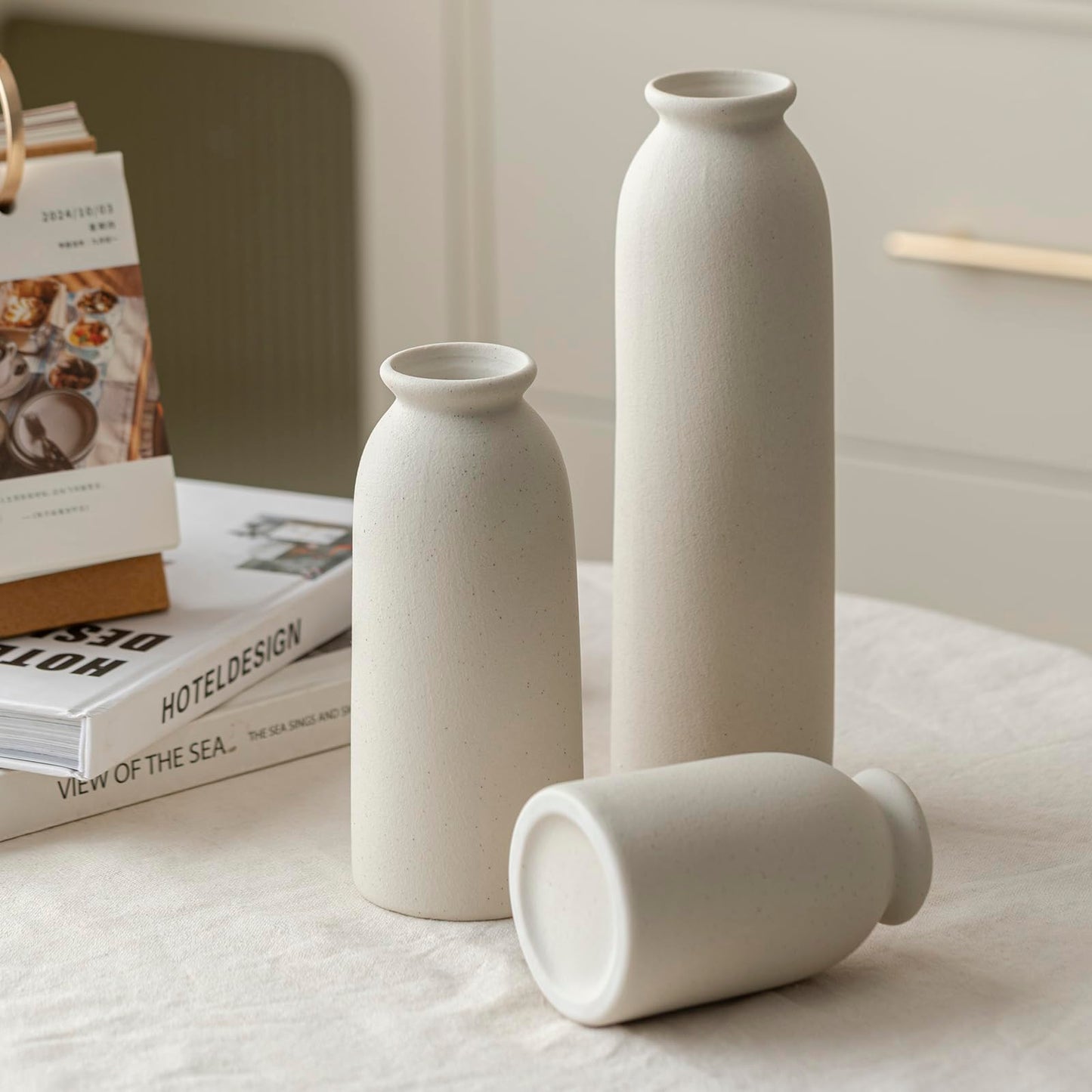 Ceramic Vase Set-3, Small Flower Vases for Decor, Modern Boho Farmhouse Style, Decorative Vases for Pampas Grass & Dried Flowers, Distressed Finish (Beige)