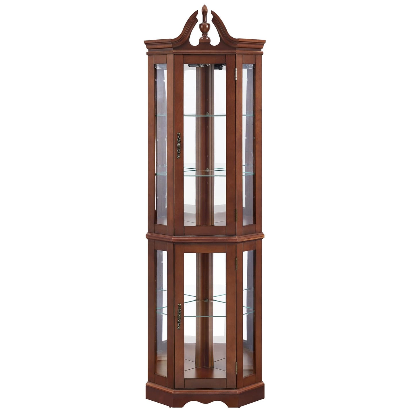 LKTART Corner Storage Cabinet,Glass Display Cabinet with Lights,Corner Curio Cabinet with Tempered Glass Doors and Shelves(70.5" T x15.4 D x 21.7" W Walnut)