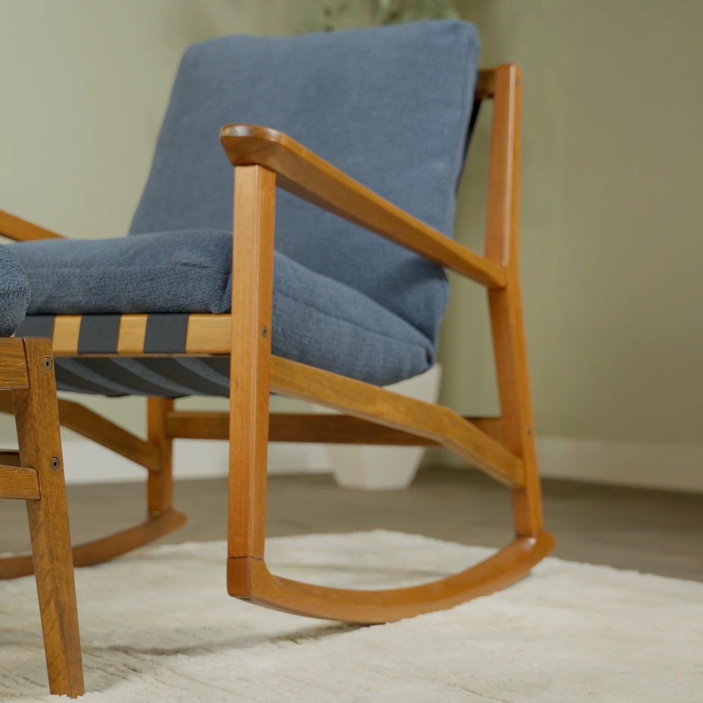 Grain Wood Furniture Solid Wood Mid Century Rocking Chair with Off-White Performance Boucle Cushions