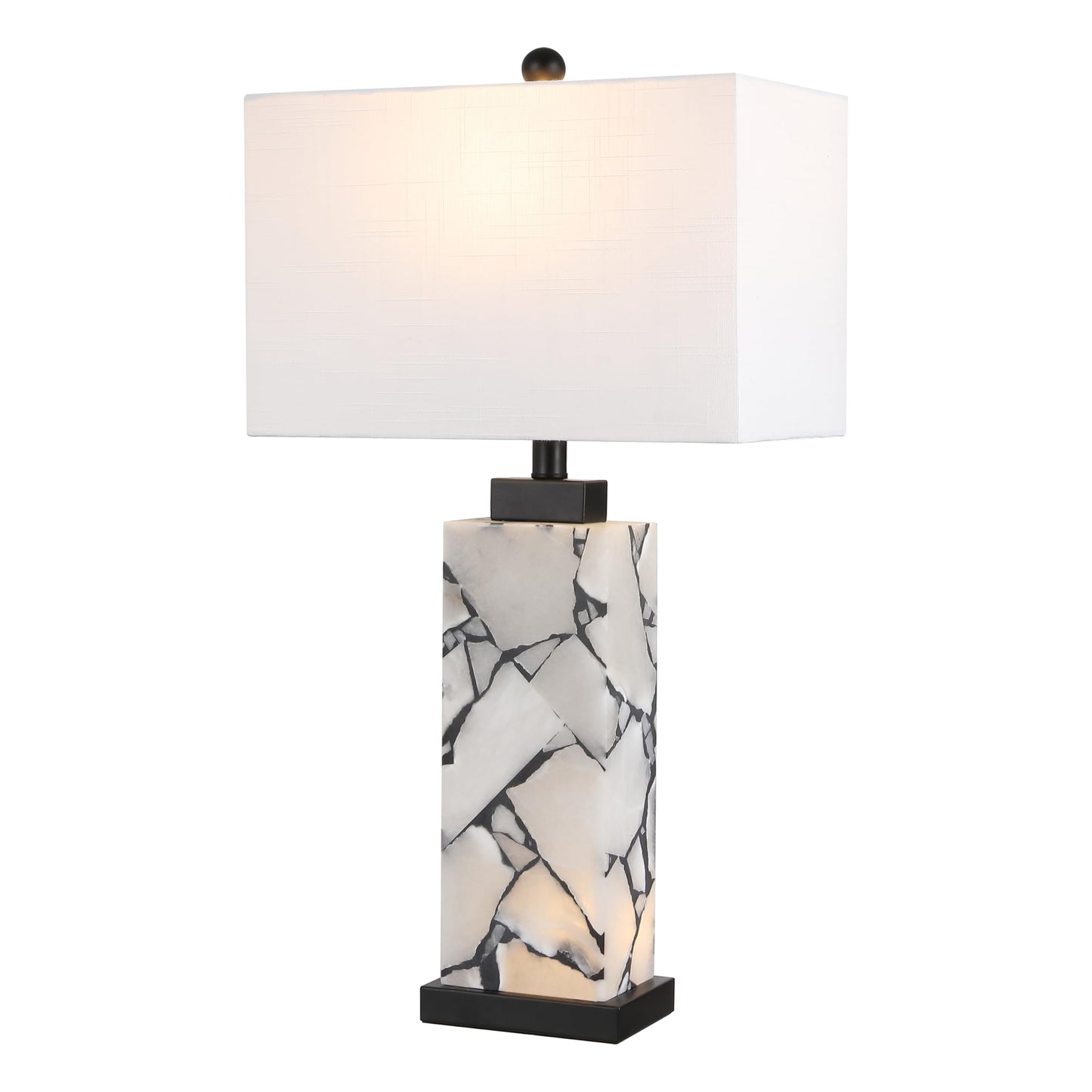 JONATHAN Y 24.25" Black/White Modern Alabaster LED Table Lamp for Home Decor, White Linen Shade, Coastal Nightstand Lamp with Built-in Base Accent Light (JYL8507A)