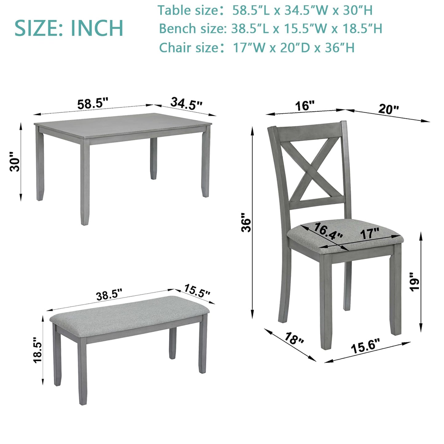 LKTART 6 Piece Kitchen Dining Set, 58.5" Rectangular Wooden Dinner Table with 4 Upholstered Chairs and a Bench for Living Room, Home Bar and Kitchen, Walnut