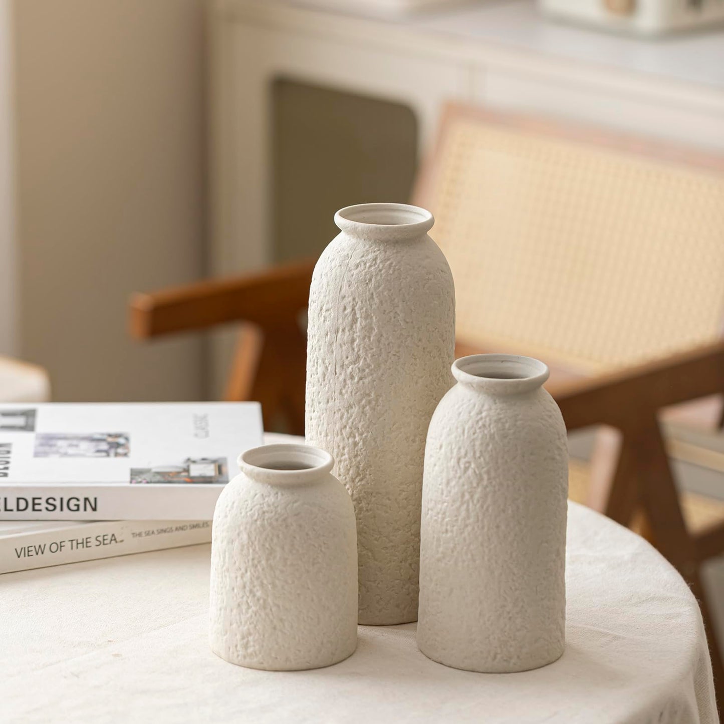 10.4 inches Tall Decorative Ceramic Vase Set, 3 Pieces, Nordic Modern Boho Style, White, Modern Farmhouse for Home Decor (Coffee Mix)