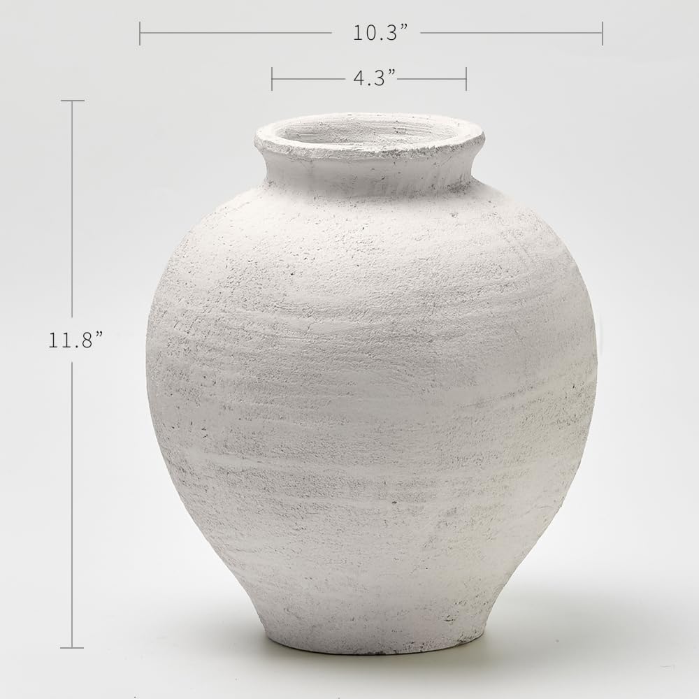 LB2 White Ceramic Large Vase, 11" Tall Zen Style, Terra Cotta Pitcher, Distressed Farmhouse Decor, Pottery Decorative Flower for Home Decor (B - White 11")
