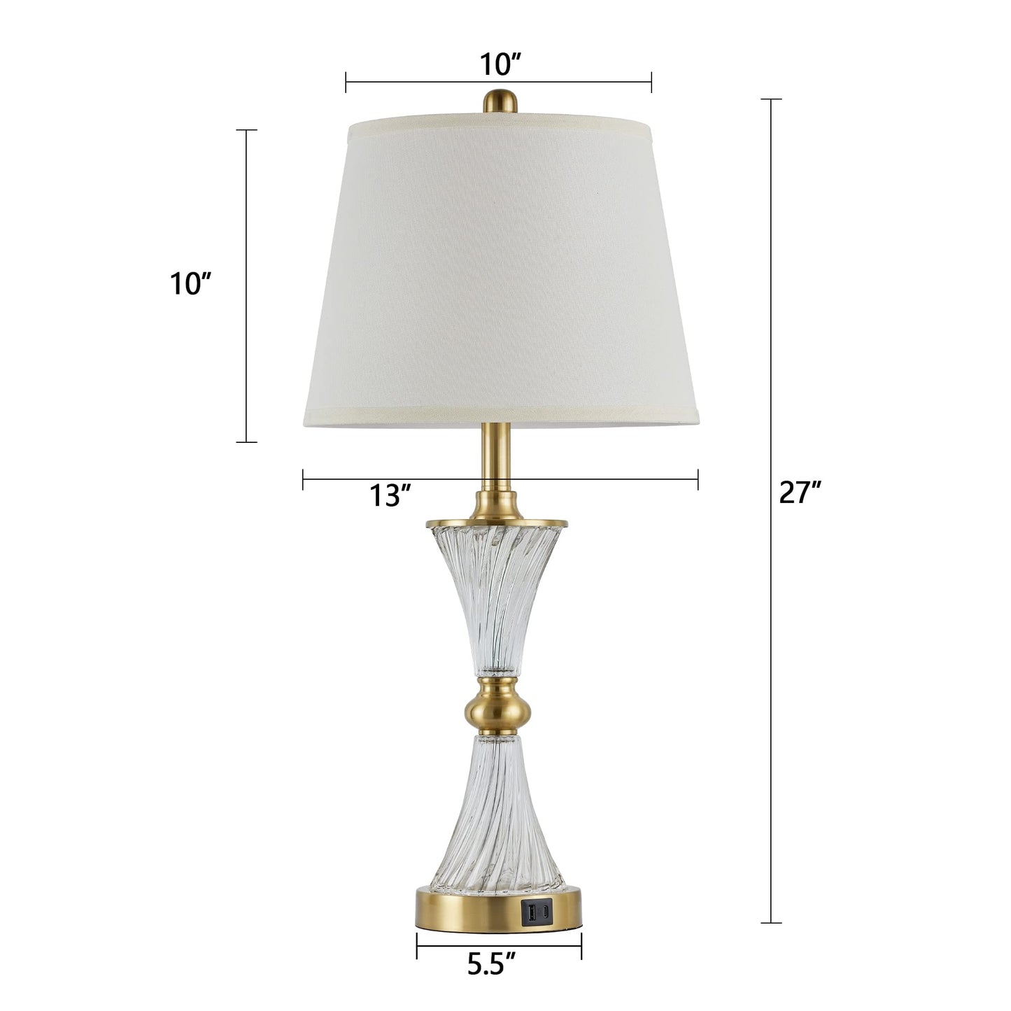 27" Bedroom Lamps Set of 2, Gold Glass Touch Lamps with USB C+A Ports, 3-Way Dimmable Light Fixture for Nightstand, Modern Table Side Lighting for Living Room, 2 Bulbs Included
