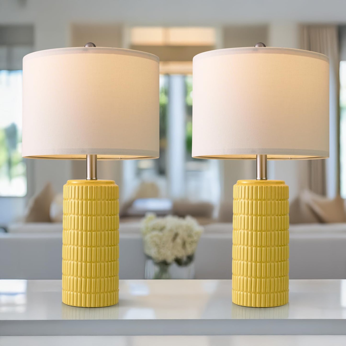 PoKat 23" Modern Ceramic Table Lamp Set of 2 for Living Room White Desk Lamps for Bedroom Farmhouse Bedside Nightstand Lamp House Warming Gifts New Home Decor End Table Lamps Gifts for Women Mom Beige