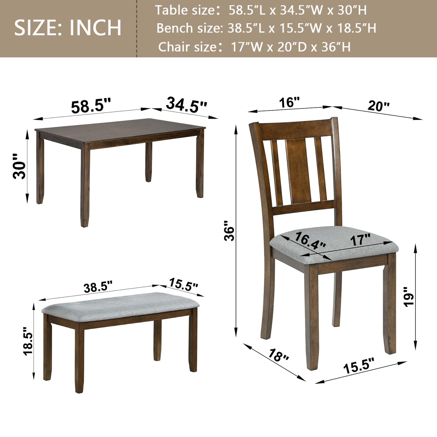 LKTART 6 Piece Kitchen Dining Set, 58.5" Rectangular Wooden Dinner Table with 4 Upholstered Chairs and a Bench for Living Room, Home Bar and Kitchen, Walnut