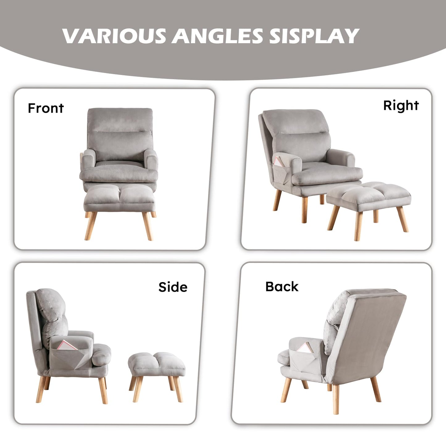 IOMOR Accent Chair with Ottoman Comfy Reading Chair Armchair with Adjustable Backrest and Side Pockets Soft Fabric Leisure Sofa for Bedroom, Living Room, Dorm Rooms, Garden, Beige