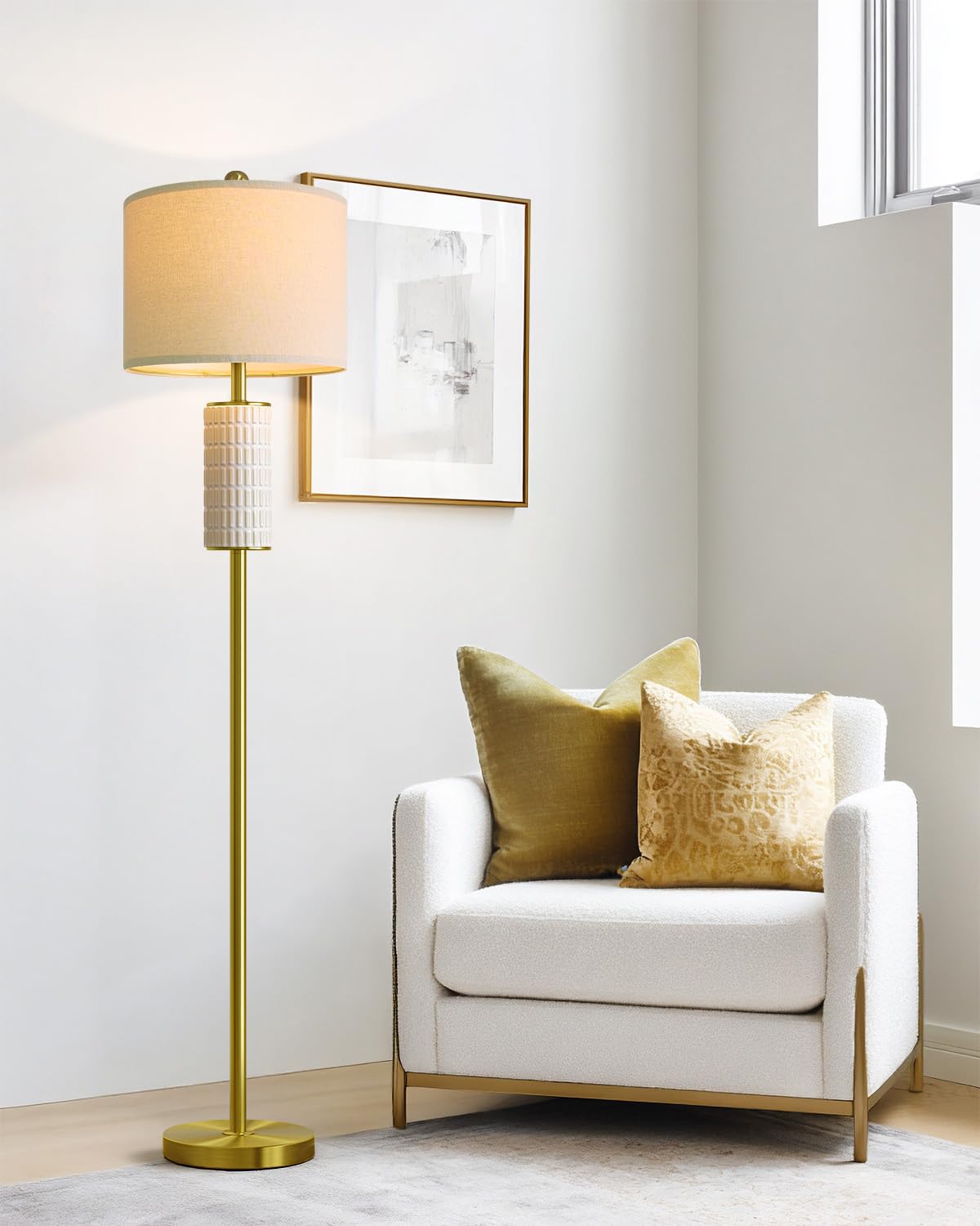 PoKat Farmhouse Floor Lamp for Living Room with Ceramic, 64" Black Standing Lamps for Living Room Corner, Modern Tall Floor Lamps for Bedroom, Sofa, Reading Nock, Rotary Switch, Matte Black