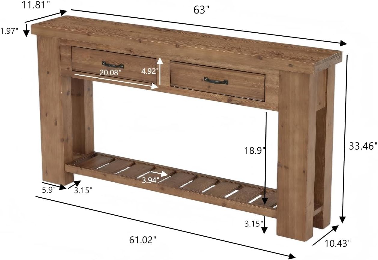Farmhouse Solid Wood Console Table, 63-Inch Long Entryway Sofa Table with 2 Drawers and Open Slatted Shelf for Hallway, Entrance and Living Room