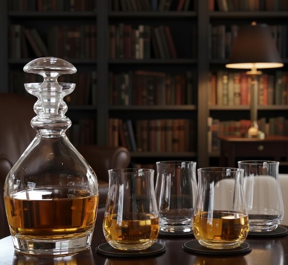 Whiskey Decanter Set, Made in Europe, 100% Lead-Free Crystal, Gift-Boxed, 1 Decanter & 4 Double Old Fashioned Glasses (Thomas Jefferso Decanter Set)