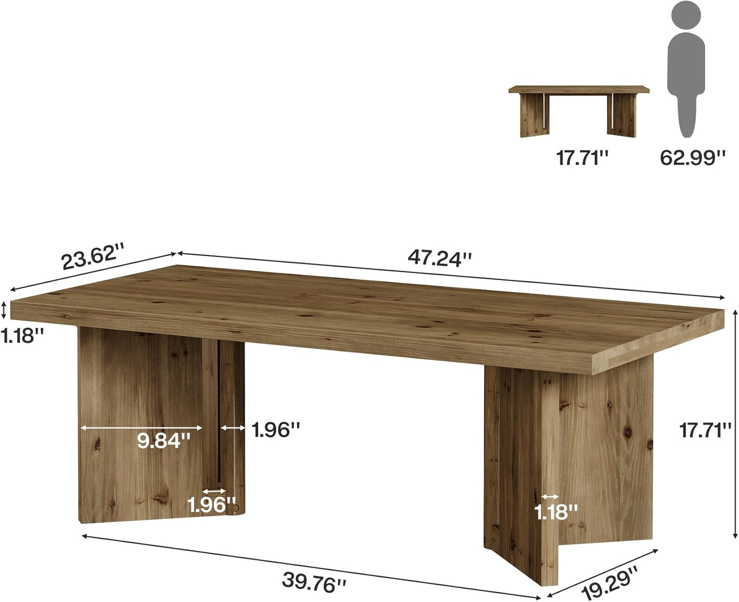 Wood Coffee Table, 47-Inch Farmhouse Rectangle Center Table with Triangle Legs, Rustic Long Tea Table for Living Room, Brown
