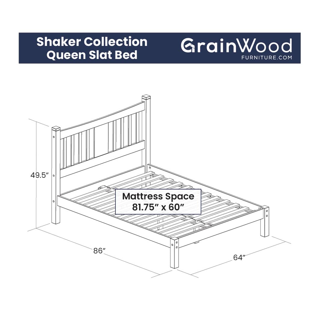 Grain Wood Furniture Shaker Solid Wood Slat Platform Bed, Queen Size, Walnut Finish