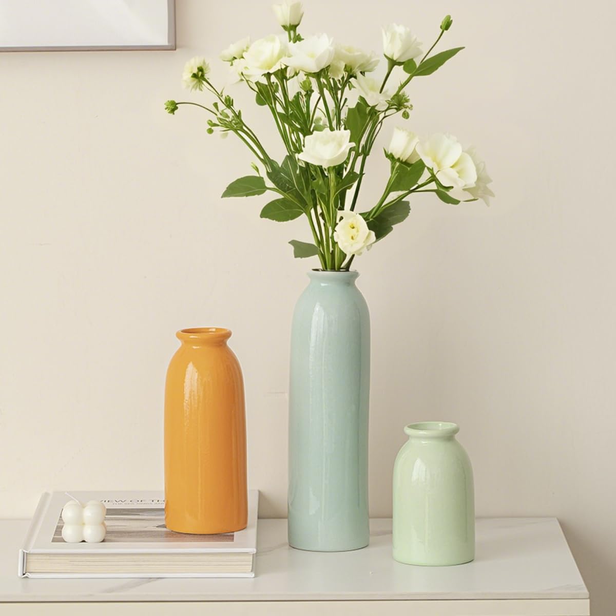 10.4 inches Tall Decorative Ceramic Vase Set, 3 Pieces, Nordic Modern Boho Style, White, Modern Farmhouse for Home Decor (Coffee Mix)