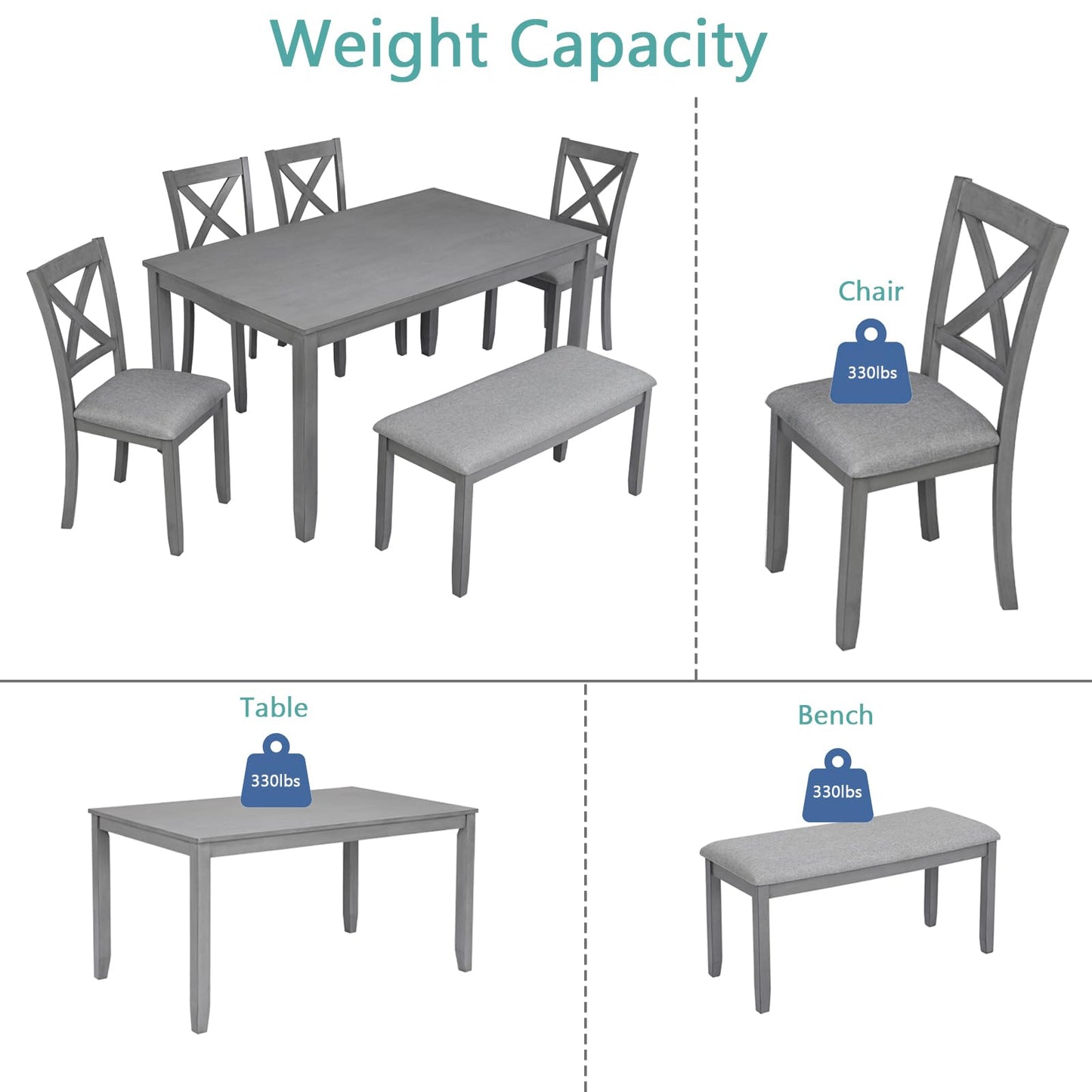 LKTART 6 Piece Kitchen Dining Set, 58.5" Rectangular Wooden Dinner Table with 4 Upholstered Chairs and a Bench for Living Room, Home Bar and Kitchen, Walnut