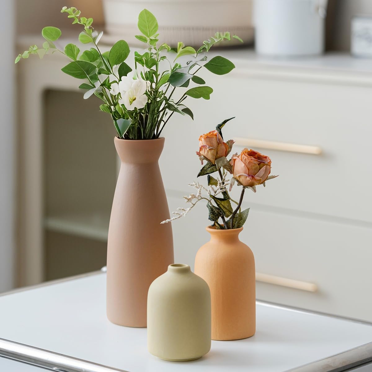 Distressed Ceramic Vase Set of 3, Modern Bohemian Farmhouse Home Decor, Pampas Grass Dried Flowers Vases for Living Room, Dining Room, Bedroom, Kitchen, Bathroom, Office, Entryway (White)