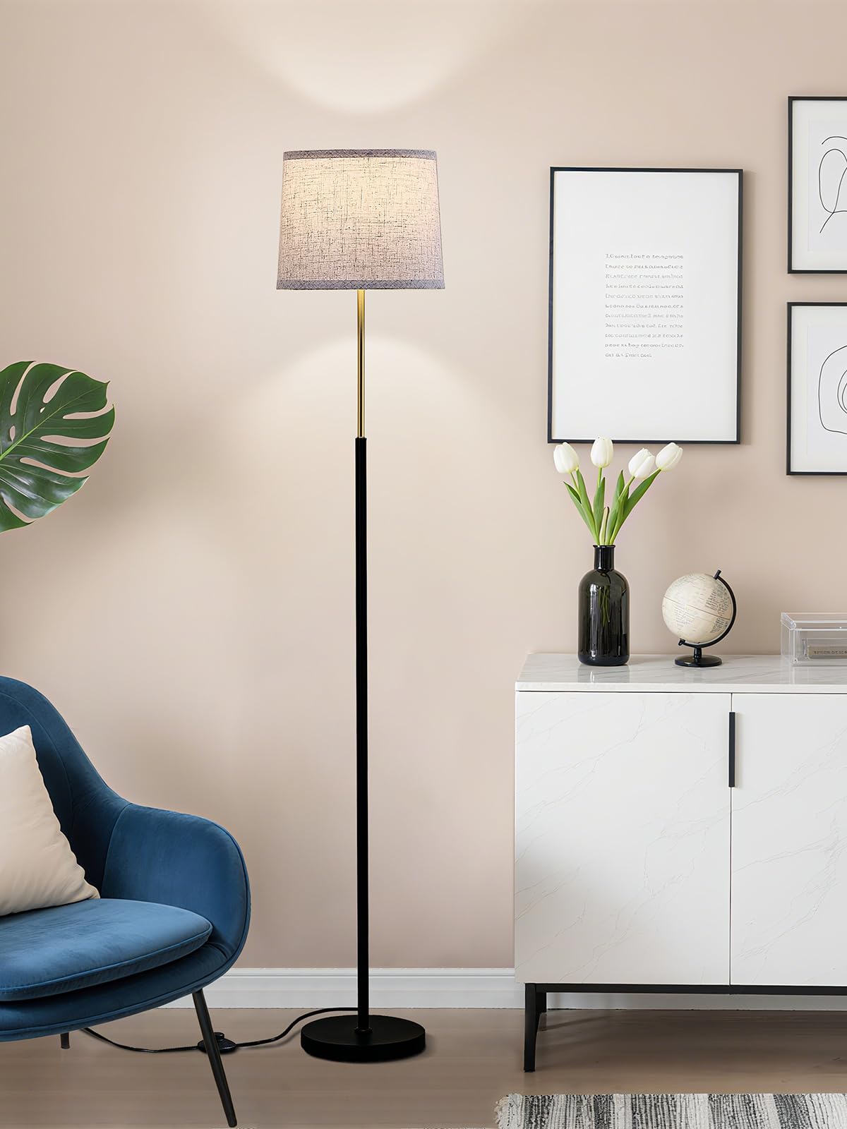 60" Modern Floor Lamp for Living Room Bedroom, Standing Lamp with Oatmeal Linen Lampshade, Tall Lamp with A19 9W 3 Color Temperature Bulb, Foot Switch Control, Black