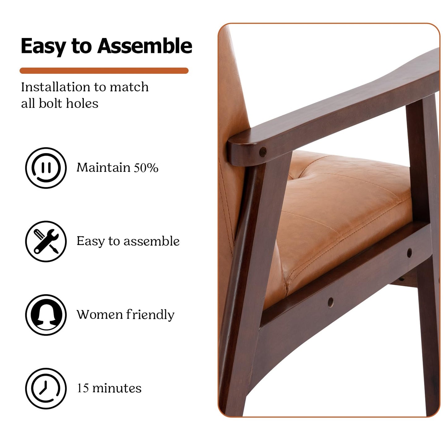IOMOR Accent Chair Mid Century Modern Chair for Living Room, Comfy Faux Leather Armchair with Solid Wood Frame Soft Thick Padded, Side Chairs Easy Assembly (1, Brown)