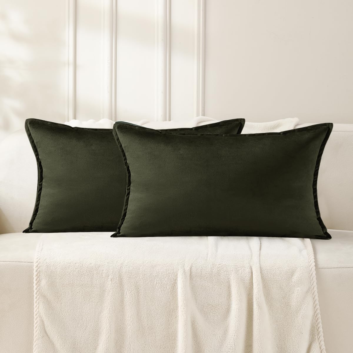 VAKADO Throw Pillow Covers 18x18 Set of 2 Olive Green Velvet Decor Decorative Couch Cushion Euro Xmas Pillowcases with Fringe Home Bed Decoration for Sofa Bedroom Office